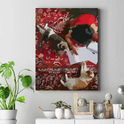 تابلو کنواس (بوم) گربه و فرش ایرانی2