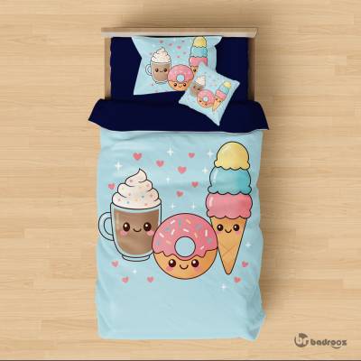 روتختی یک نفره تصویر کارتونی هات‌چاکلت، بستنی و دونات