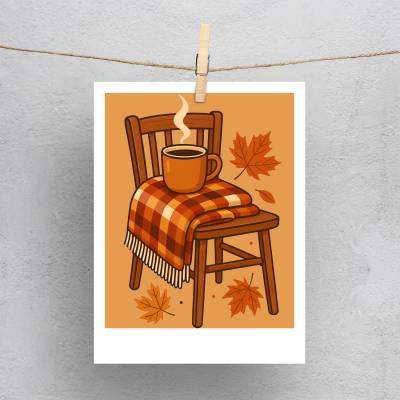 پولاروید(فتوکارت) صندلی چوبی در پاییز