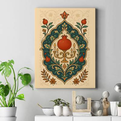 تابلو کنواس (بوم) نقوش اسلیمی سنتی با انار و شمعدان