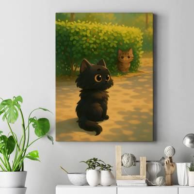 تابلو کنواس (بوم) گربه سیاه کنجکاو
