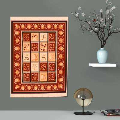 پوستر سیلک فرش سنتی با نقش گل و مربع‌های تزئینی