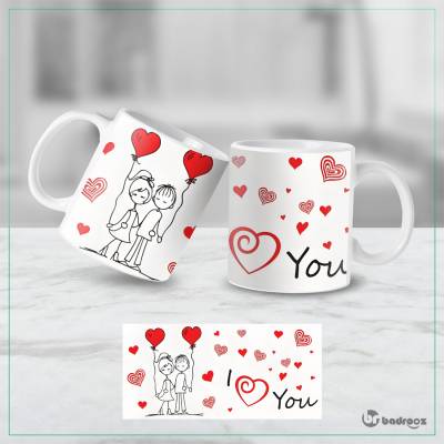ماگ  عاشقانه طرح زوج کارتونی با قلب‌های قرمز و بادکنک عشق