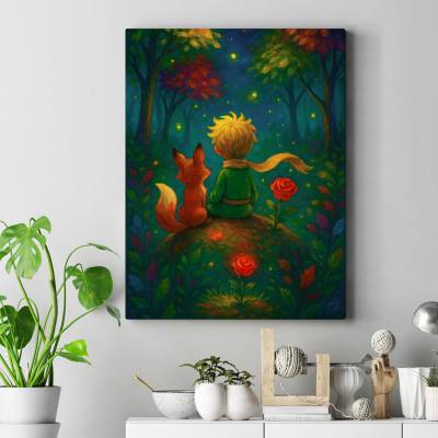 تابلو کنواس (بوم) شازده کوچولو و روباه در جنگل فانتزی