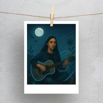 پولاروید(فتوکارت) دختر ایرانی با گیتار در ساحل شب