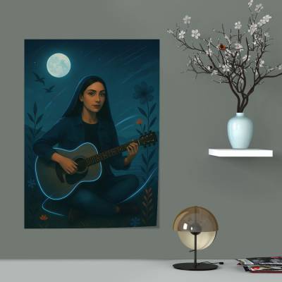 پوستر سیلک دختر ایرانی با گیتار در ساحل شب