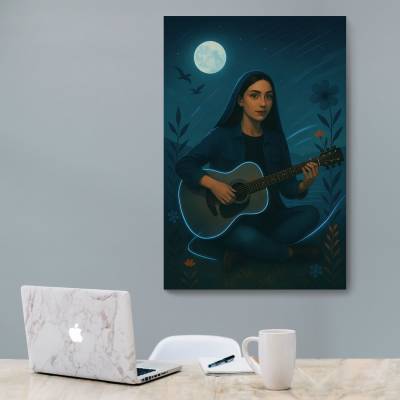 شاسی  دختر ایرانی با گیتار در ساحل شب