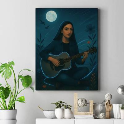 تابلو کنواس (بوم) دختر ایرانی با گیتار در ساحل شب