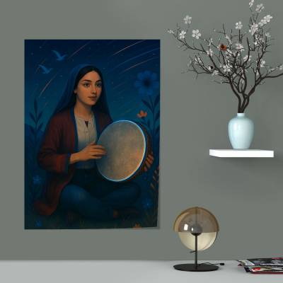 پوستر سیلک دختر جوان دف زن