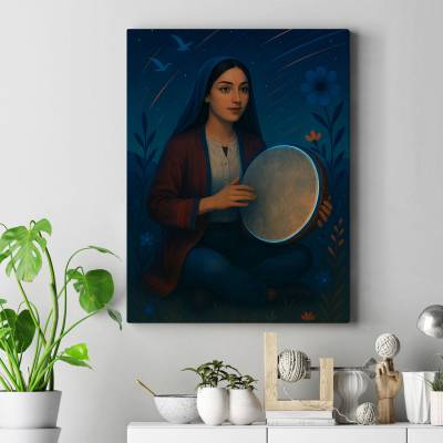 تابلو کنواس (بوم) دختر جوان دف زن