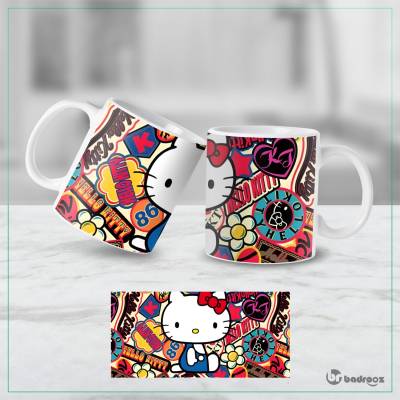ماگ  هلو کیتی طرح استیکر بمب رنگی با پاپیون قرمز | لیوان کارتونی Hello Kitty