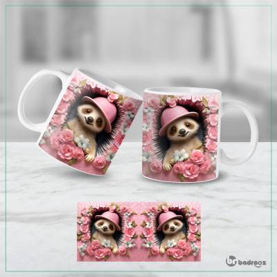 ماگ   تنبل کیوت طرح سه‌بعدی با کلاه صورتی و قاب گل رز | لیوان حیوانات بامزه