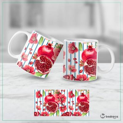 ماگ   طرح انار و گل قرمز ویژه شب یلدا | لیوان سرامیکی یلدایی راه‌راه آبی