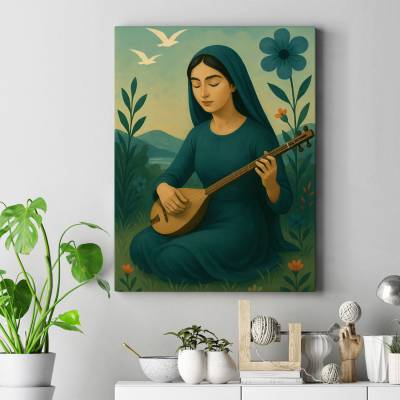 تابلو کنواس (بوم)  دختر ایرانی با سه‌تار
