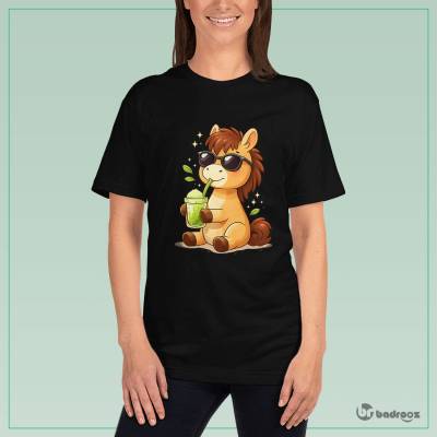 تی شرت زنانه اسب کارتونی بامزه با عینک و ماچا