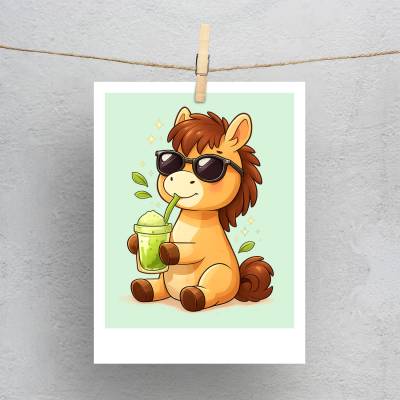 پولاروید(فتوکارت) اسب کارتونی بامزه با عینک و ماچا