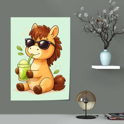 پوستر  اسب کارتونی بامزه با عینک و ماچا