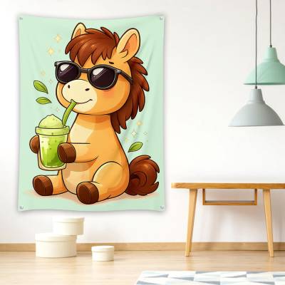 دراپ بنر اسب کارتونی بامزه با عینک و ماچا