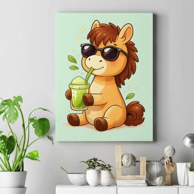 تابلو کنواس (بوم) اسب کارتونی بامزه با عینک و ماچا