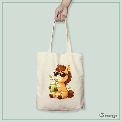 کیف خرید کتان (توت بگ) اسب کارتونی بامزه با عینک و ماچا