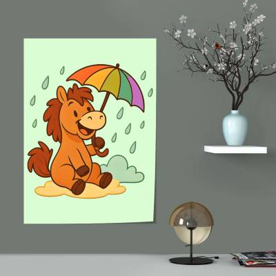 پوستر  اسب کارتونی با چتر رنگی