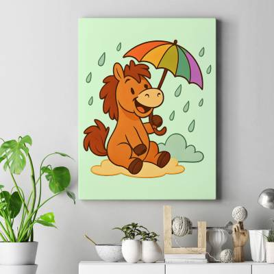 تابلو کنواس (بوم) اسب کارتونی با چتر رنگی