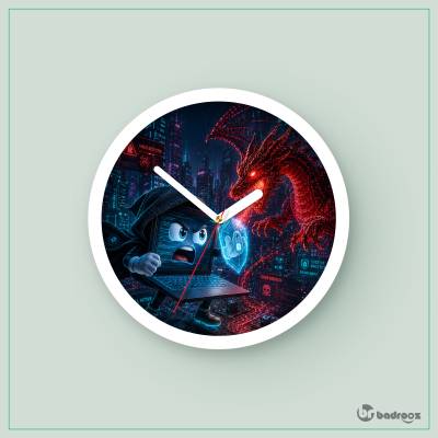 ساعت دیواری  لپ‌تاپ هکر و ویروس اژدها