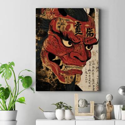 تابلو کنواس (بوم) طرح ماسک اونی شیطان ژاپنی ( Oni mask) - کد : 001