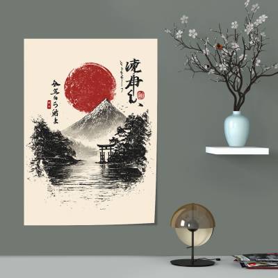 پوستر  طرح منظره کوهستان مه‌آلود | طبیعت مینیمال ژاپنی و جنگل - کد : 008