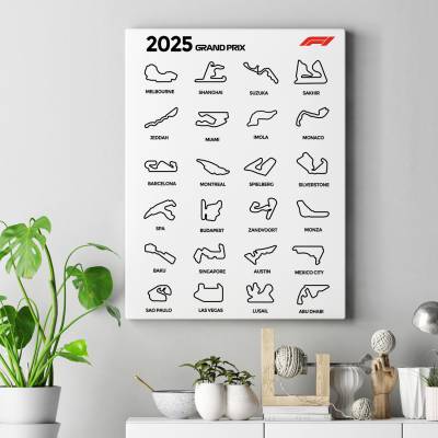 تابلو کنواس (بوم) F1 2025 Race Calendar | Grand Prix Circuit Maps Graphic