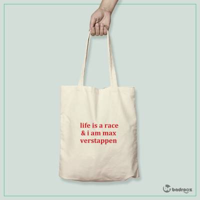کیف خرید کتان (توت بگ) F1 CLUB | “Life Is A Race & I Am Max Verstappen” Typography