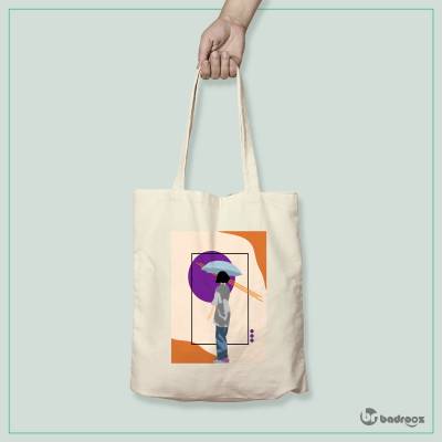 کیف خرید کتان (توت بگ) girl with umbrella