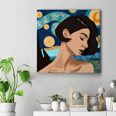 تابلو کنواس مربع (بوم) دختر و شب پر ستاره ونگوگ